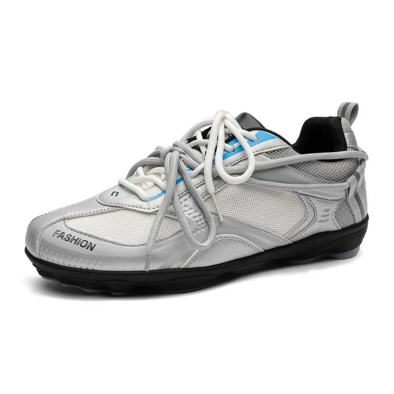 Men's Silver Grey Mesh Sneakers Breathable Lightweight Running Shoes Blue Accents Casual Sport Trainers Comfortable Walking Shoe