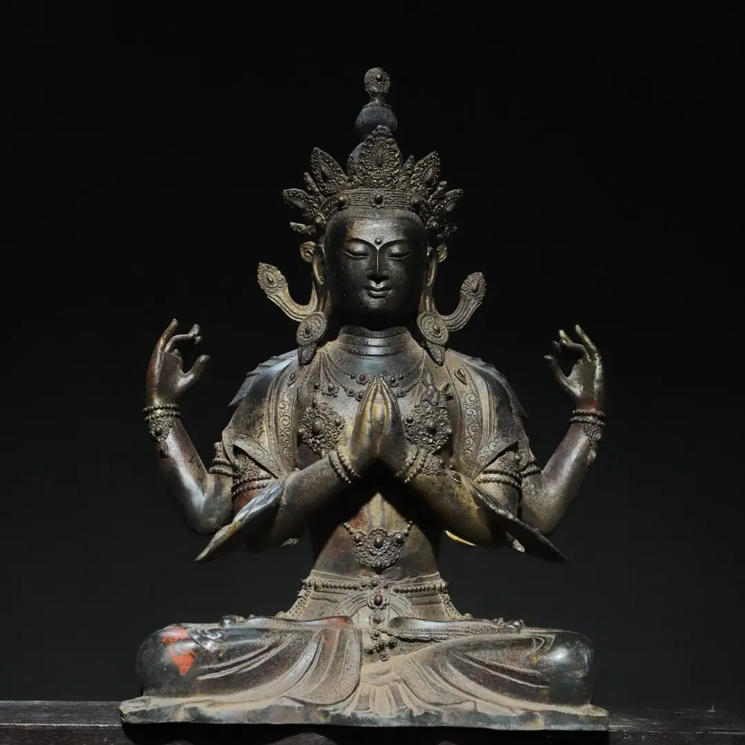 Handmade Large Tibetan Brass Gold Gilded Four-armed Avalokitesvara Statue Home Altar Vintage Decor Gift