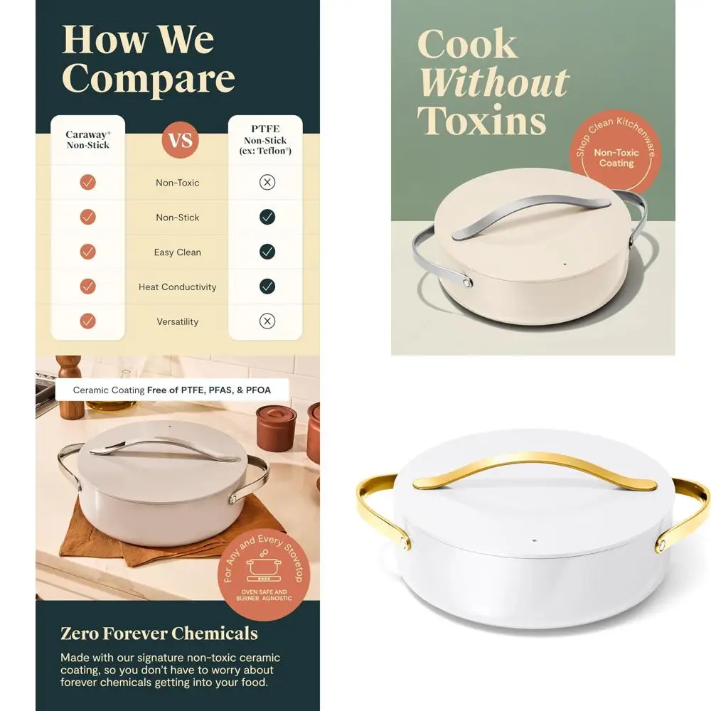 

Сковорода на 6 литров с антипригарным покрытием и крышкой — без химикатов для печати, тушения, запекания — идеальная белая кухонная утварь