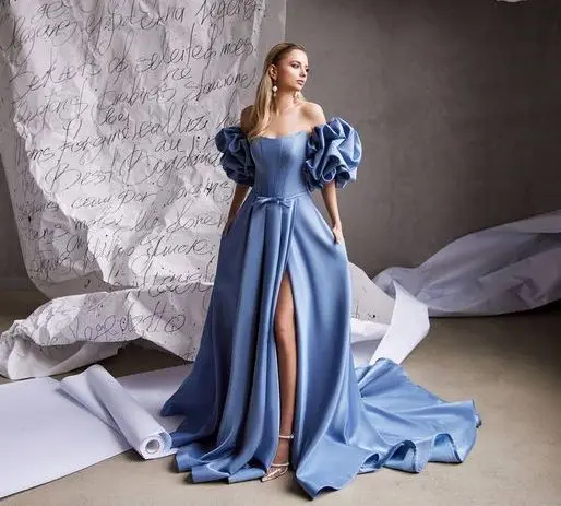 Po-Robe de Bal en Satin Gris-Bleu, à Manches Courtes Bouffantes, Ligne A avec Fente, Soirée Formelle, Personnalisée et Élégante