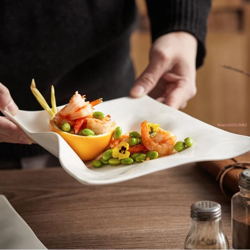 

Shaped White Ceramic Dinner Plate High-end Restaurant Steak Square Tray Cold Dish Hotel Club Tableware