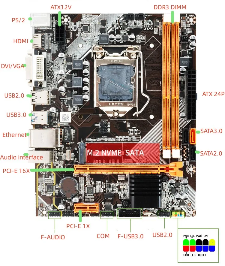 omponente de placa base B75 con LGA1155 Intel Core I5-3570 CPU, una memoria de escritorio de 8GB DDR3 1600MHz SATA III M.2 NVME