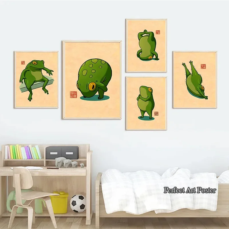 1pc frameless Canvas Painting Funny Cute Frogs Meme Poster Exercise Frog Meditation Print Canvas Painting Wall Art Photo for Mod