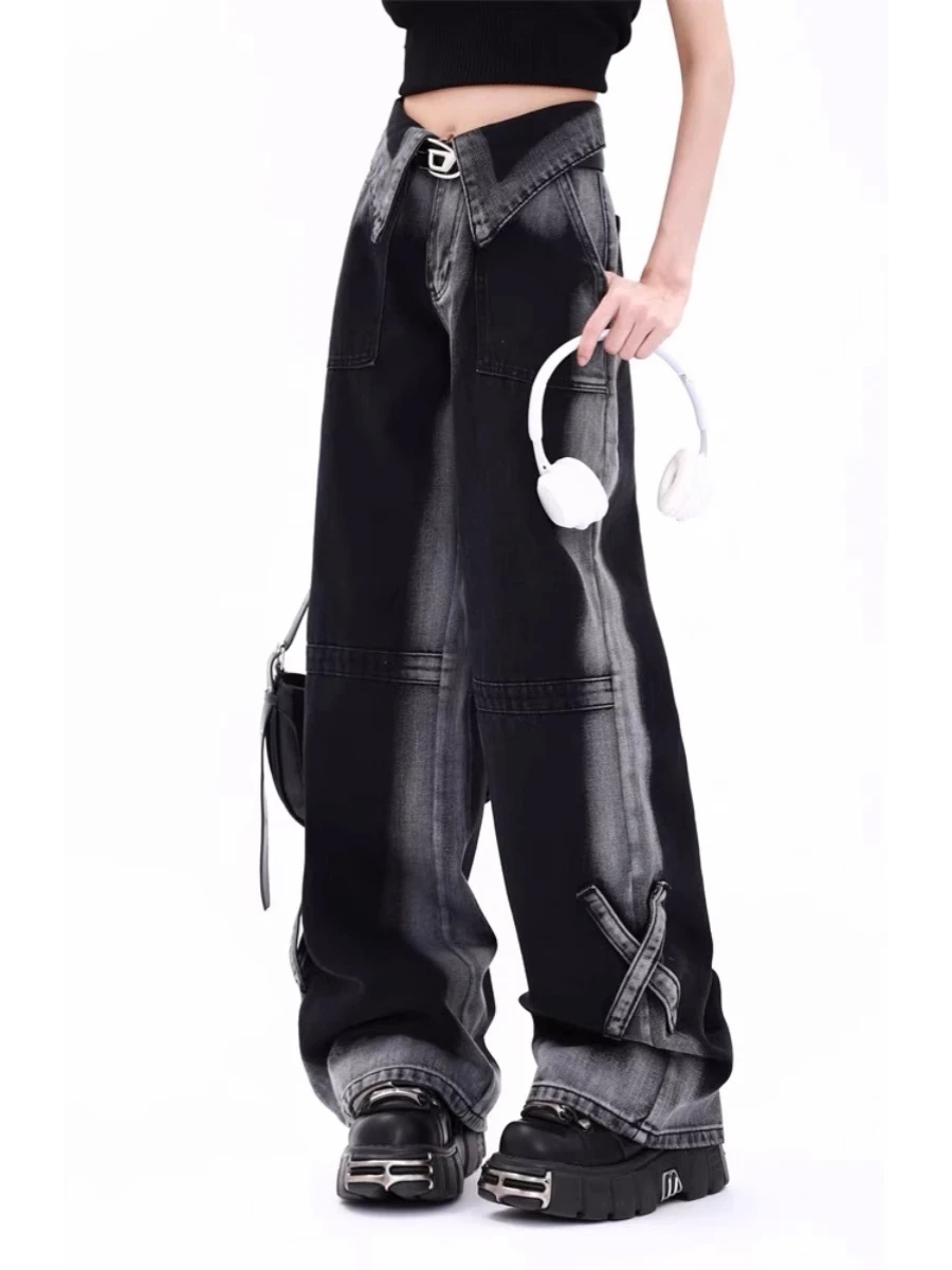 

American Style High Waist Gradient Denim Jeans Women's Loose Wide Leg Floor-Length Pants Autumn Winter New Arrival