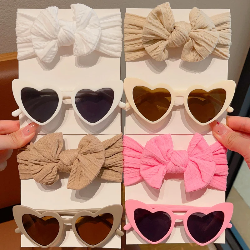 2 sztuk/zestaw chłopców dziewczęce modne specjalne okulary przeciwsłoneczne w kształcie serca UV400 dzieci kolory miękkie Bowknot szerokie opaski do włosów zestaw dziecięce akcesoria do włosów