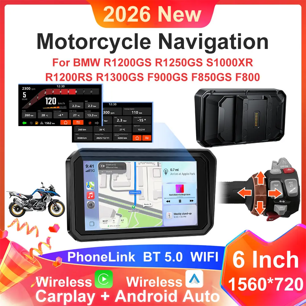

6 Inch Wireless Motorcycle CarPlay Moto Android Auto Portable Digital Dashboard GPS Navigation For BMW R1200GS R1250GS S1000XR