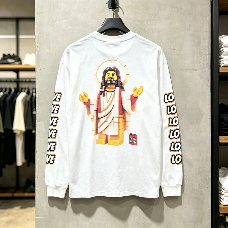 Let Go Let God SAINT Chest Red Battery T Shirt Men Women Back Big Cartoon Priest Print Long Sleeve Loose Choooself T-shirt Tops