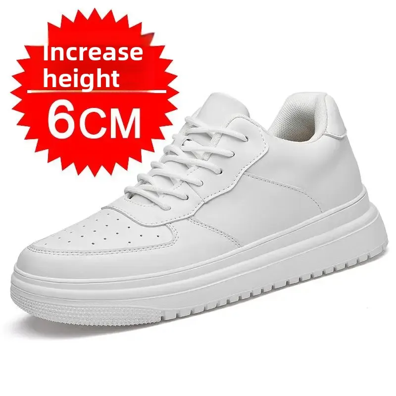 

New Height Increasing Shoes for Men 6 8cm Invisible Elevator Sneakers White Leather Sport Casual Shoes Zapatillas De Hombre