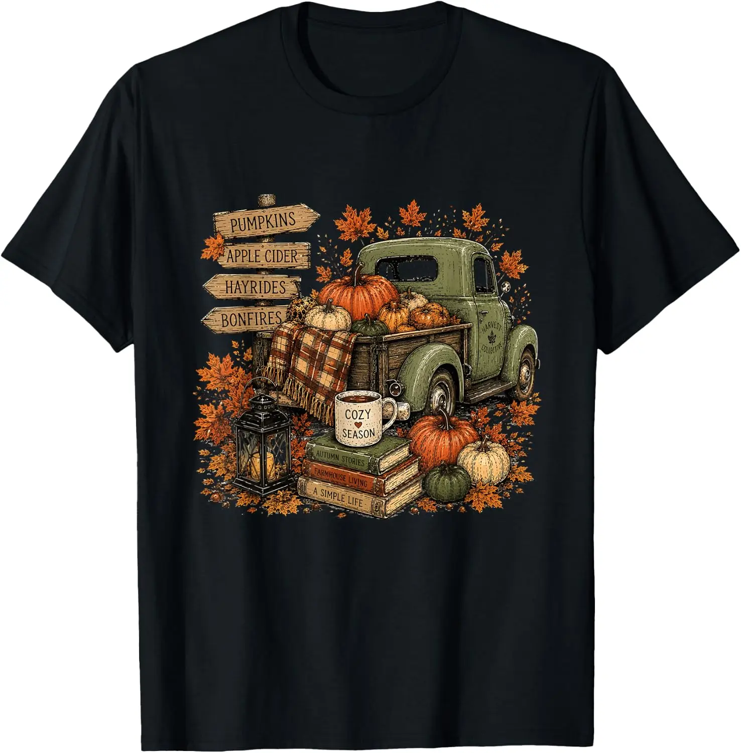 Vintage Fall Truck Pumpkin Apple Cider Cozy Autumn T-Shirt vintage style tee  boxy fit tee black graphic tee 100% cotton men