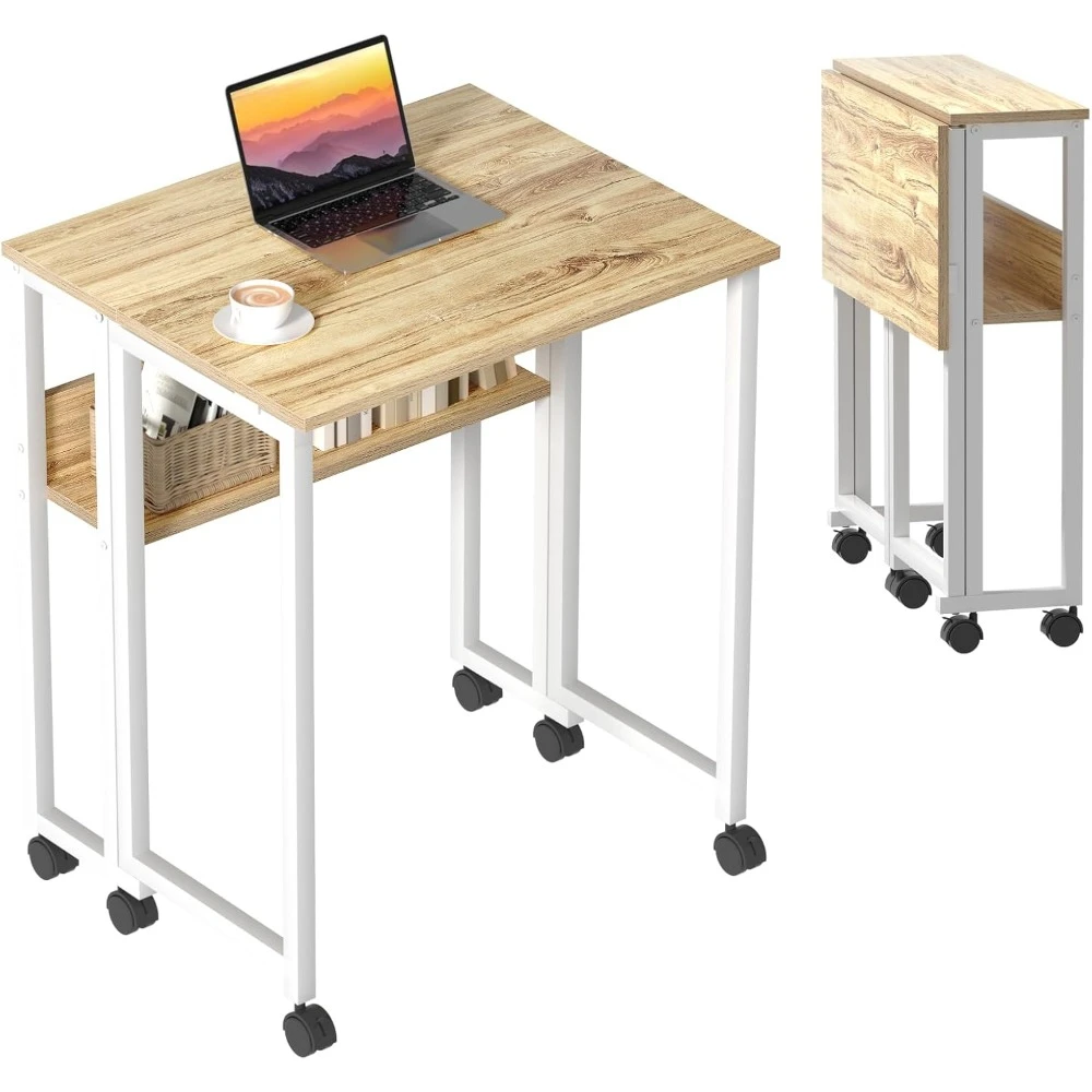 24.8 Inch Desk, Small Rolling Desks with Storage Shelf, with Wheels for Small Space,Easy Assembly,Foldable Computer Desk