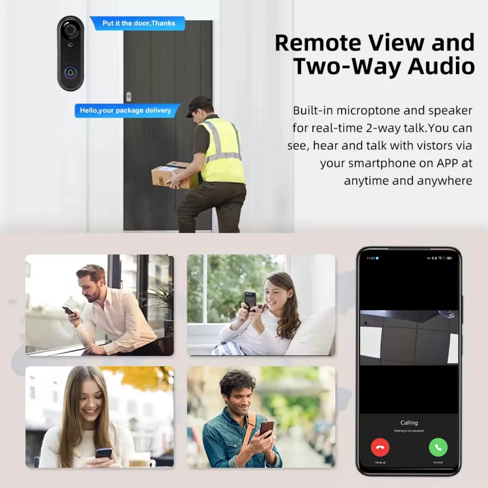 Timbre de puerta inteligente con video IP65, almacenamiento en la nube gratuito, 1080P, 2,4 GHz, inalámbrico, batería de 5000 mAh, seguridad para