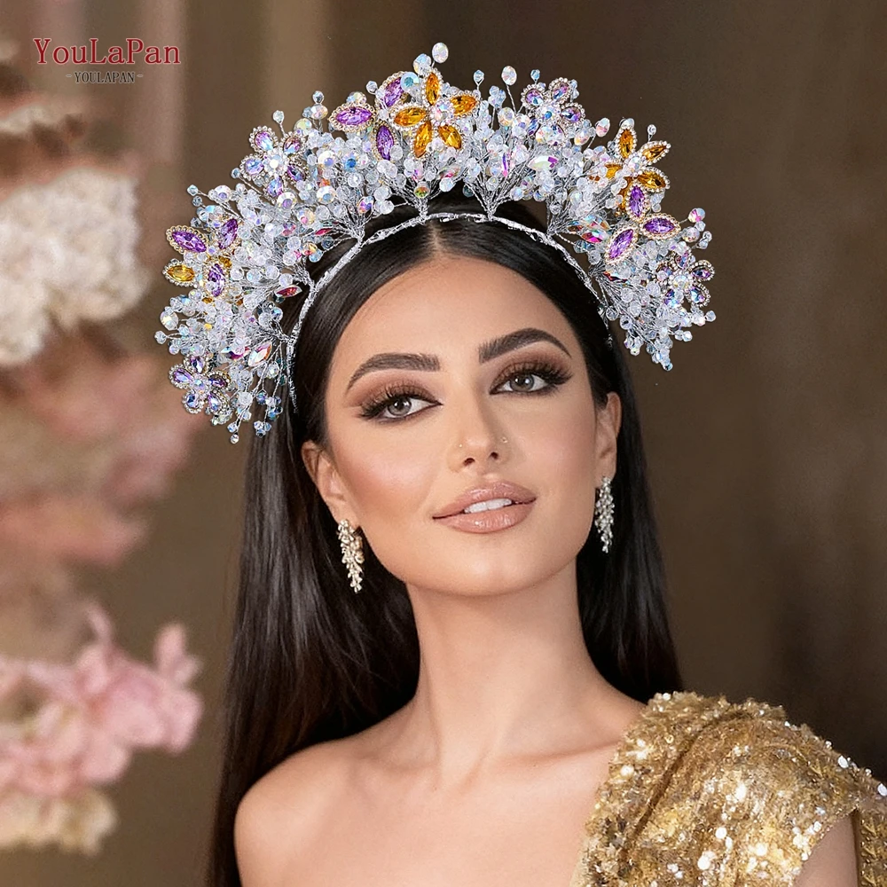 

YouLaPan Luxury Bling Crystal Flower Crown Head Hoop Hair Accessories Engagement Hairwear Pageant Crown Princess Tiara HP946