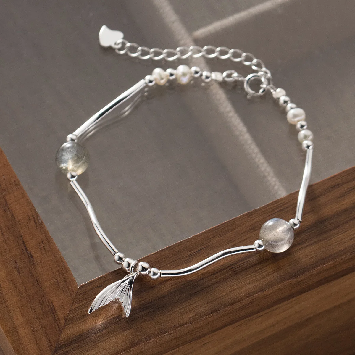 100% 925 Sterling Silver Moon Stone Geometric Bracelet for Women Girl Simple Fish Tail Design Jewelry Party Gift Dropshipping