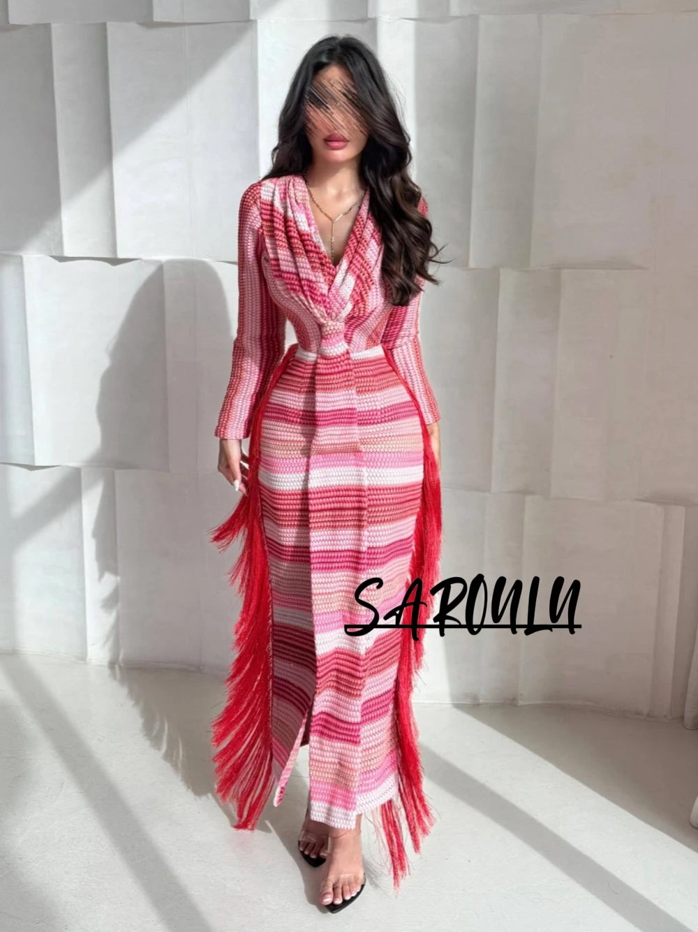 Elegant Knitted Maxi Evening Dress For Women Long Sleeve V Neck Striped Pattern Tassel Decoration Slim Fit Formal Party Gown
