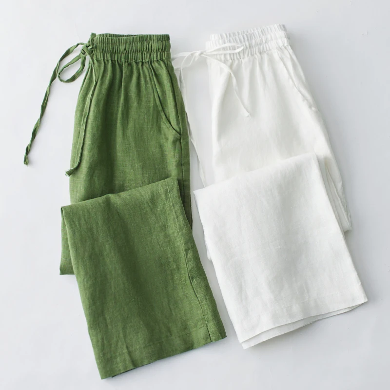 

Повседневные хлопковые льняные брюки с широкими штанинами для женщин, летние, тонкие, с эластичным поясом, универсальные, больших размеров, свободные, прямые брюки