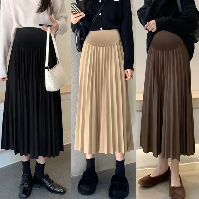 Spring Autumn Maternity Pleated Skirts High Waist Ankle-length Pregnant Woman Belly Skirt Elegant Pregnancy Maxi Skirt Wholesale