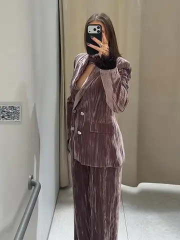Chic Velvet Feather Patchwork Suit Long Pants Sets For Women Elegant Lapel Blazer Jacket Wide Leg Trousers Female Street Outfits