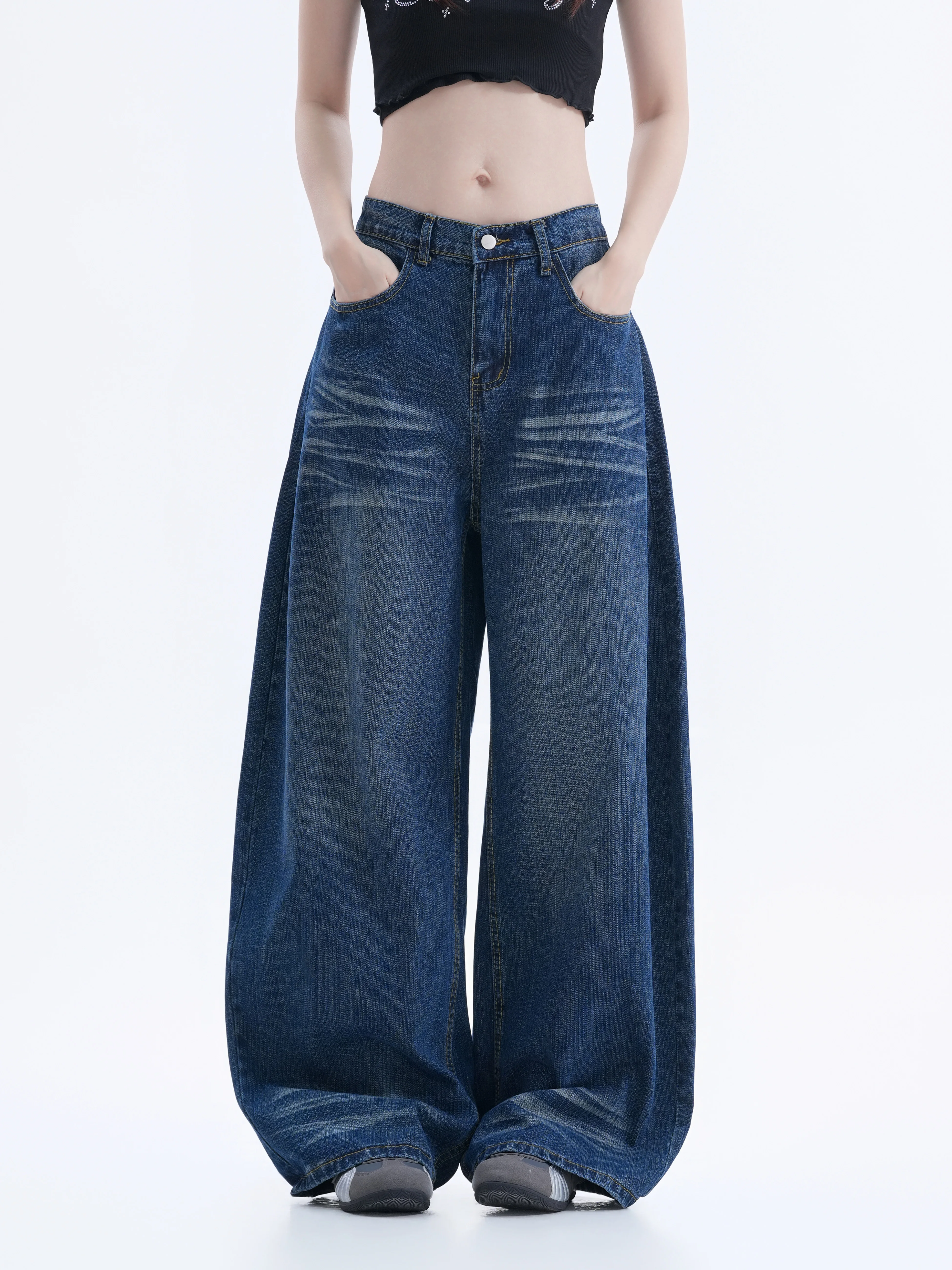 Retro American Washed  Jeans Wide Leg Pants Draped Feel Neutral Style Autumn Season Women's Premium Quality Denim