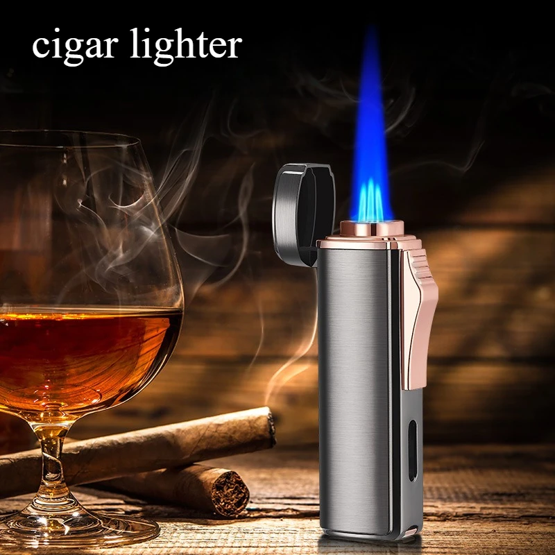 Triple Flame Cigar Jet Lighter Windproof Blue Flame Outdoor Ignition Portable Gas Lighter with Cigar Drill for Men Holiday Gift