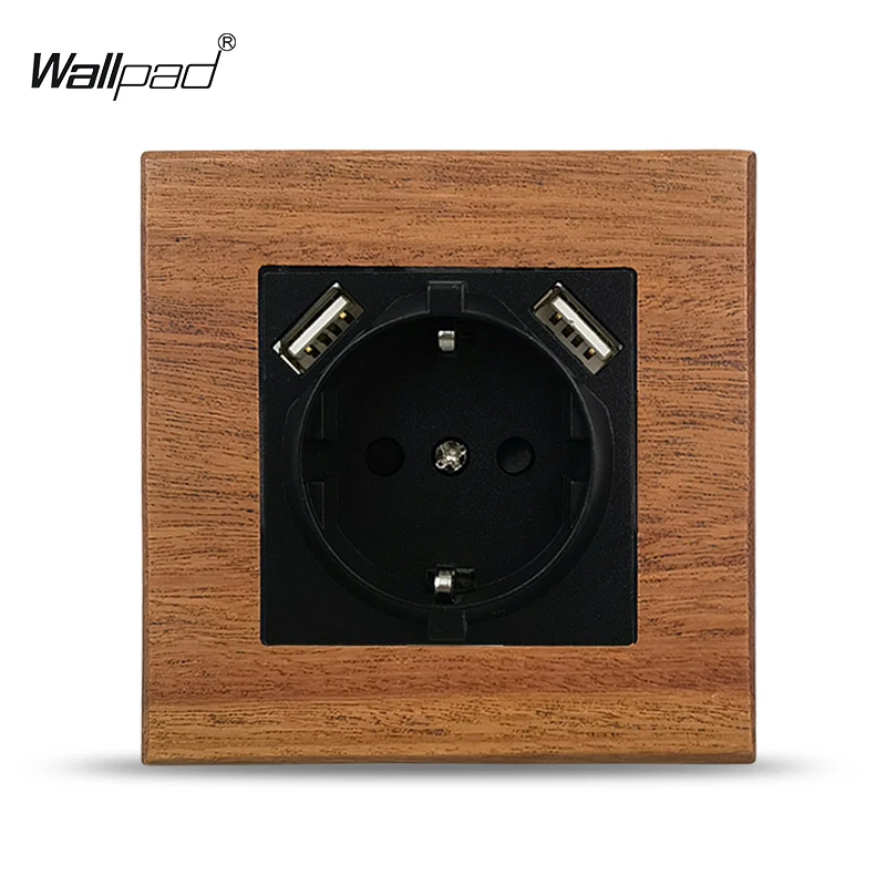 Real Wood Frame 86*86mm Black EU Stanadard Wall Oulet Jack Socket with Double USB A C Charger Back for Round Box 220V WEEE CE