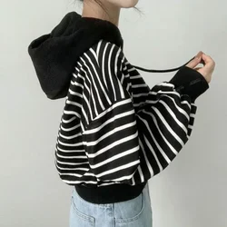 Striped Autumn and Winter Women's Hooded Sweatshirts Thick Hoodies Warm Cold Novelty Korean Clothing Designer Fashion Female Top