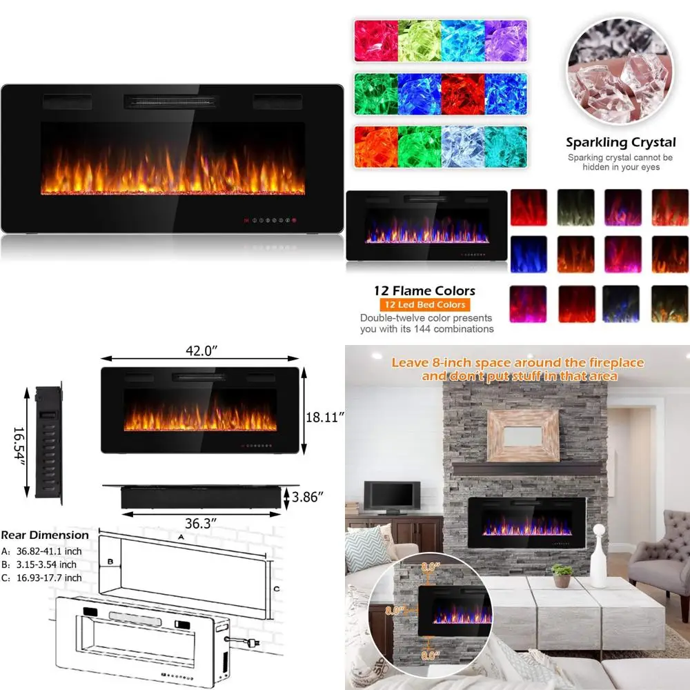 42 سخان مدفأة كهربائي مثبت على الحائط، لهب وسرعة قابلة للتعديل، يتضمن جهاز التحكم عن بعد #1