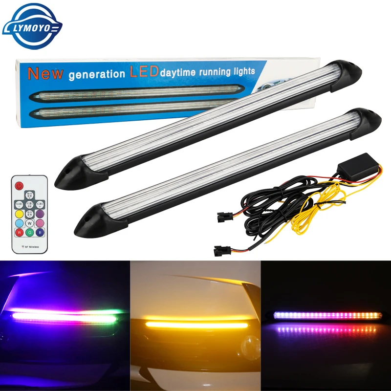 2x RGB Led Car DRL Daytime Running Light Waterproof Universal DC 12V Headlight Sequential Turn Signal Yellow with Remote Control