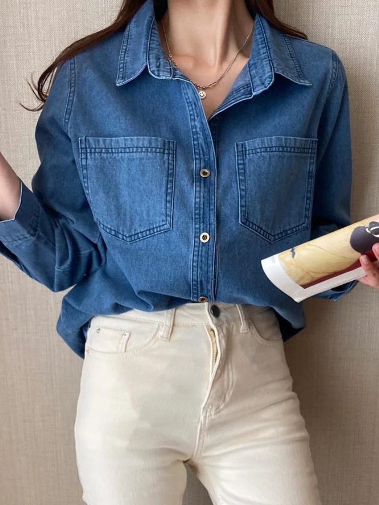 Denim Jackets Women Korean Style Vintage Fashion High Street Spring Simple Retro Turn Down Collar Mujer Outwear Long Sleeve Chic