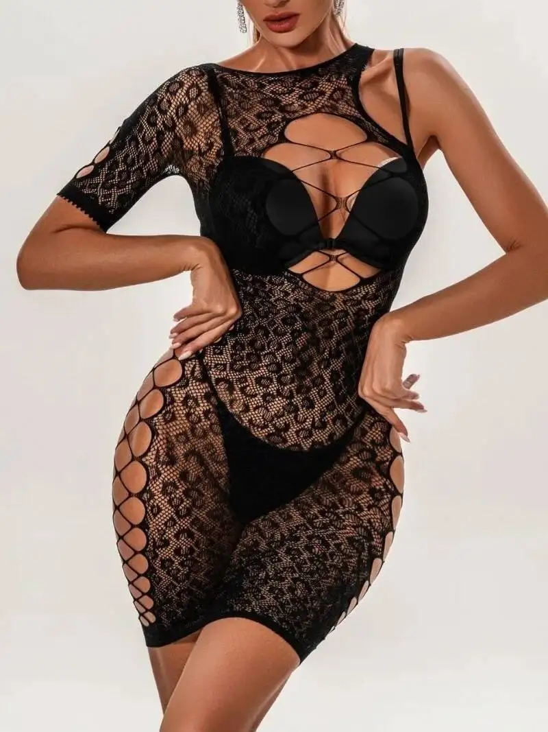 مثير واحدة الأكمام غير النظامية شبكة ليوبارد طباعة فستان من الدانتيل عارية الذراعين التفاف الورك الجولة الرقبة فستان قصير الساحرة ملهى ليلي UWPZ