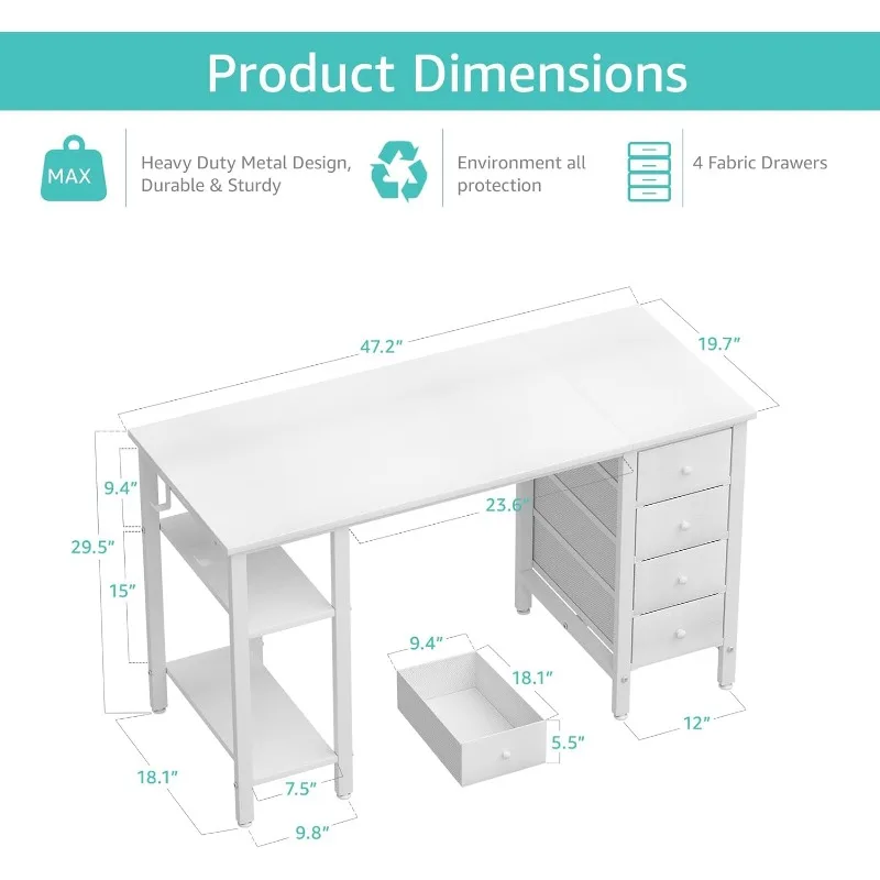 Lufeiya White Computer Desk with Drawers & Storage Shelves, 47 Inch Study Work Writing Desk for Home Office Bedroom, Simple