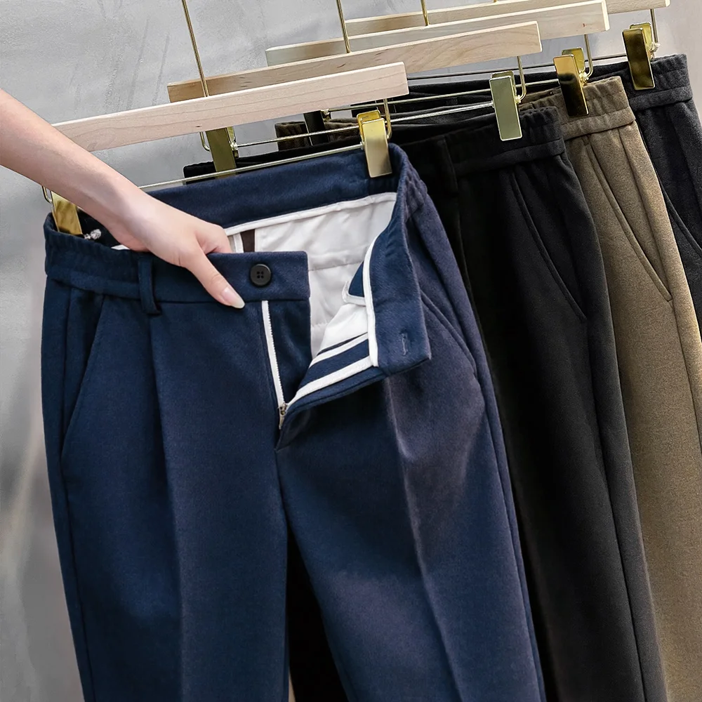 High Quality Autumn Winter Warm Thicked Men's Suit Pants Business Elastic Waist Classic Straight Korean Work Formal Trouser Male