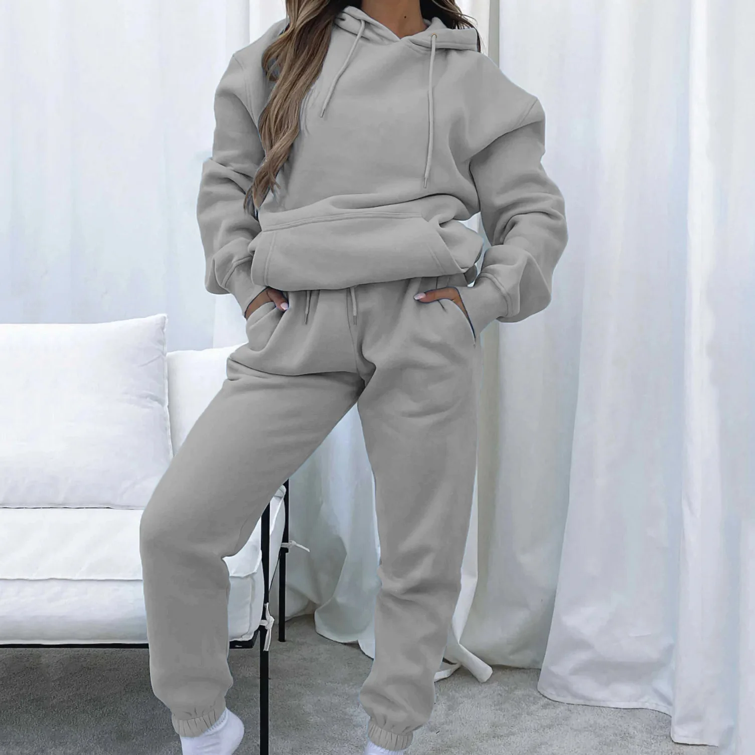 

2025 Spring and Autumn Solid Color Hooded Pullover Trousers Women's Urban Leisure Pocket Long Sleeve Sweater Suit