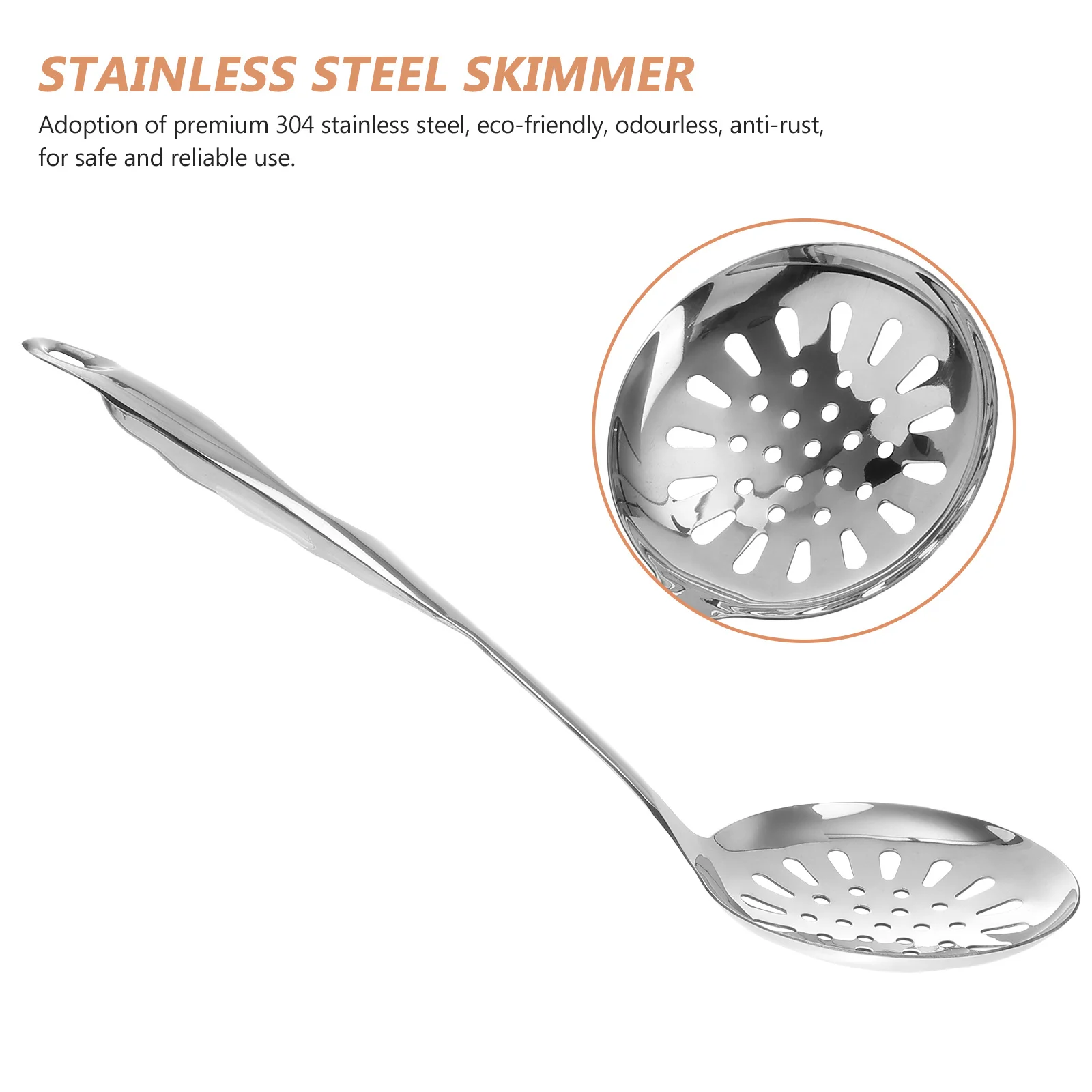 

1pcs Stainless Steel Skimmer 304 Long Handle Dishwasher Safe Wall-Mountable Soup Ladle Colander Strainer For Cooking Frying