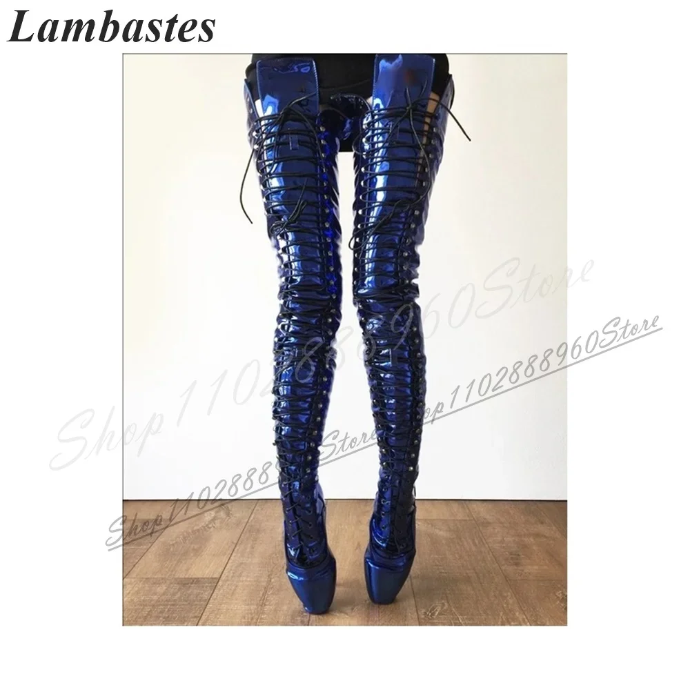 الفخذ العليا الأزرق براءات الاختراع والجلود الأحذية الفاخرة رقيقة أحذية عالية الكعب للنساء عبر تعادل جولة تو 2024 موضة Zapatillas Mujer