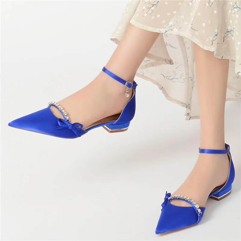 Satin Rhinestones Wedding Flats Shoes for Bride Pointed Toe Ankle Buckle Strap Formal Evening Bridal Party Shoes Flat Sandals