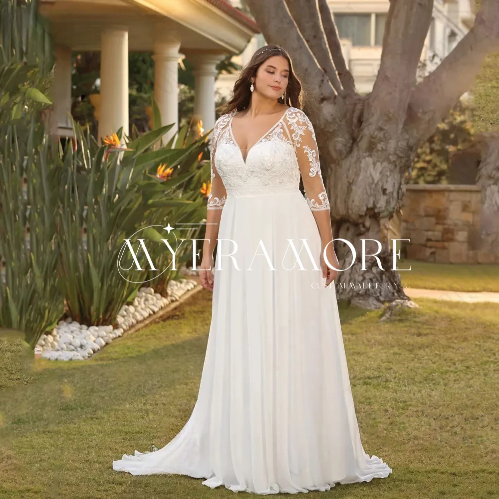 

Elegant Wedding Dress for Brides Plus Size V Neck Half Sleeve Applique A Line Vintage Lace Bride Gowns Party Dresses Customized