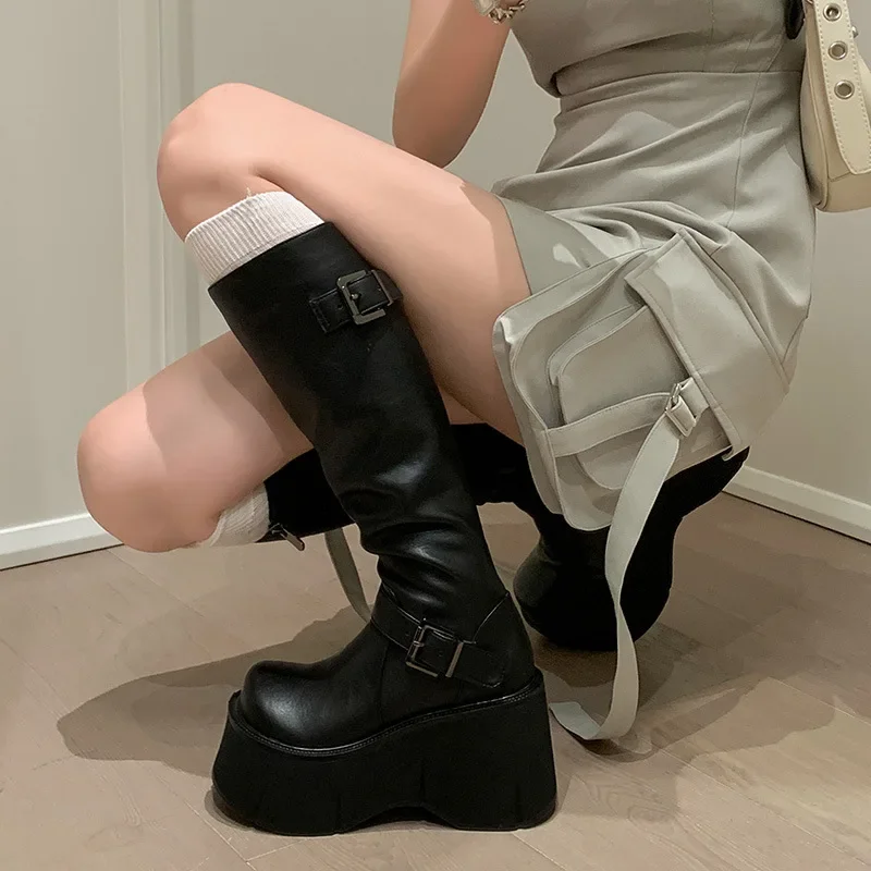 Women's Shoes Basic Women's Boots Classics Knee-High Boots Women Belt Buckle Side Zip Round Toe Wedge Platform Shoes Ladies view 3