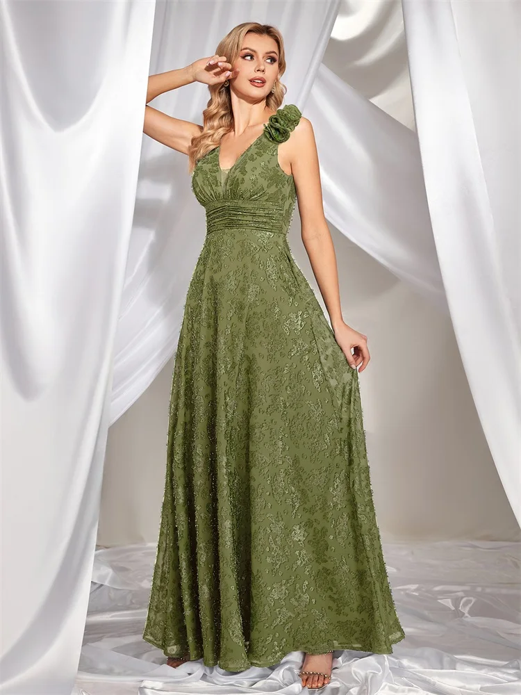 XUIBOL Elegant V Neck Green Floral Evening Dress Long 2024 Luxury Women Chiffon Sleevesless Party Dress Prom Cocktail Dress