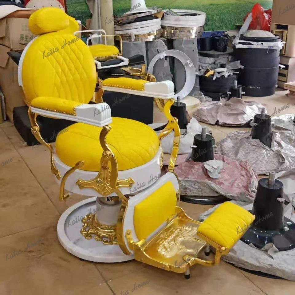 LSGood Price Round Back Yellow Barber Gold Stainless Steal Chairs Great Salon Barber Chair Design for Sale