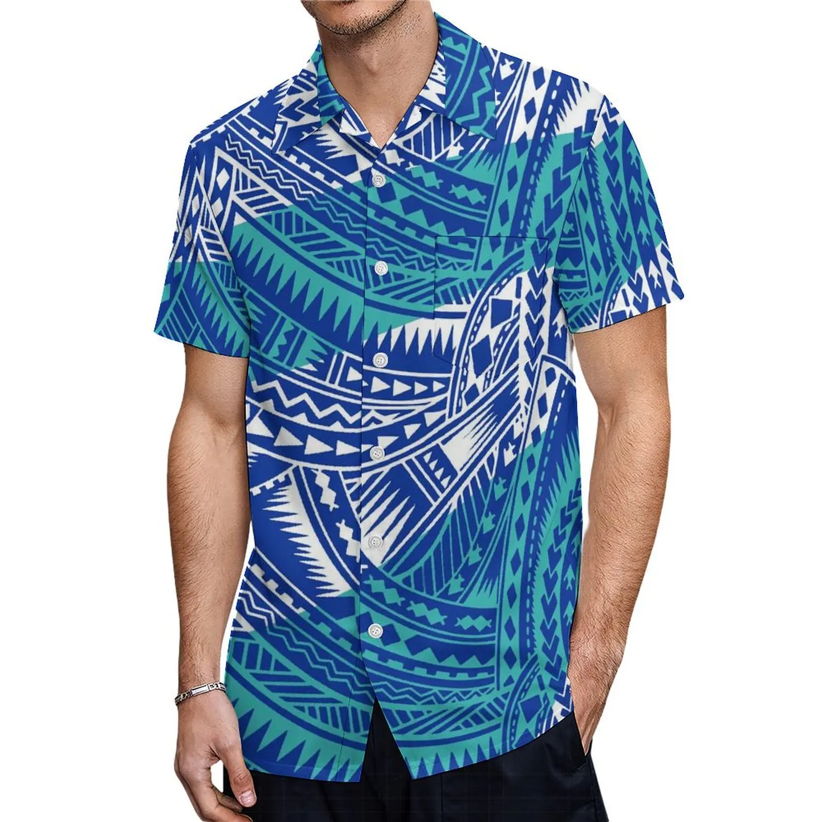Hawaiian Beach Party Blue Couple Suit Men\'S Aloha Shirt And Women\'S One-Shoulder Dress Polynesian Floor-Length Fishtail Dress