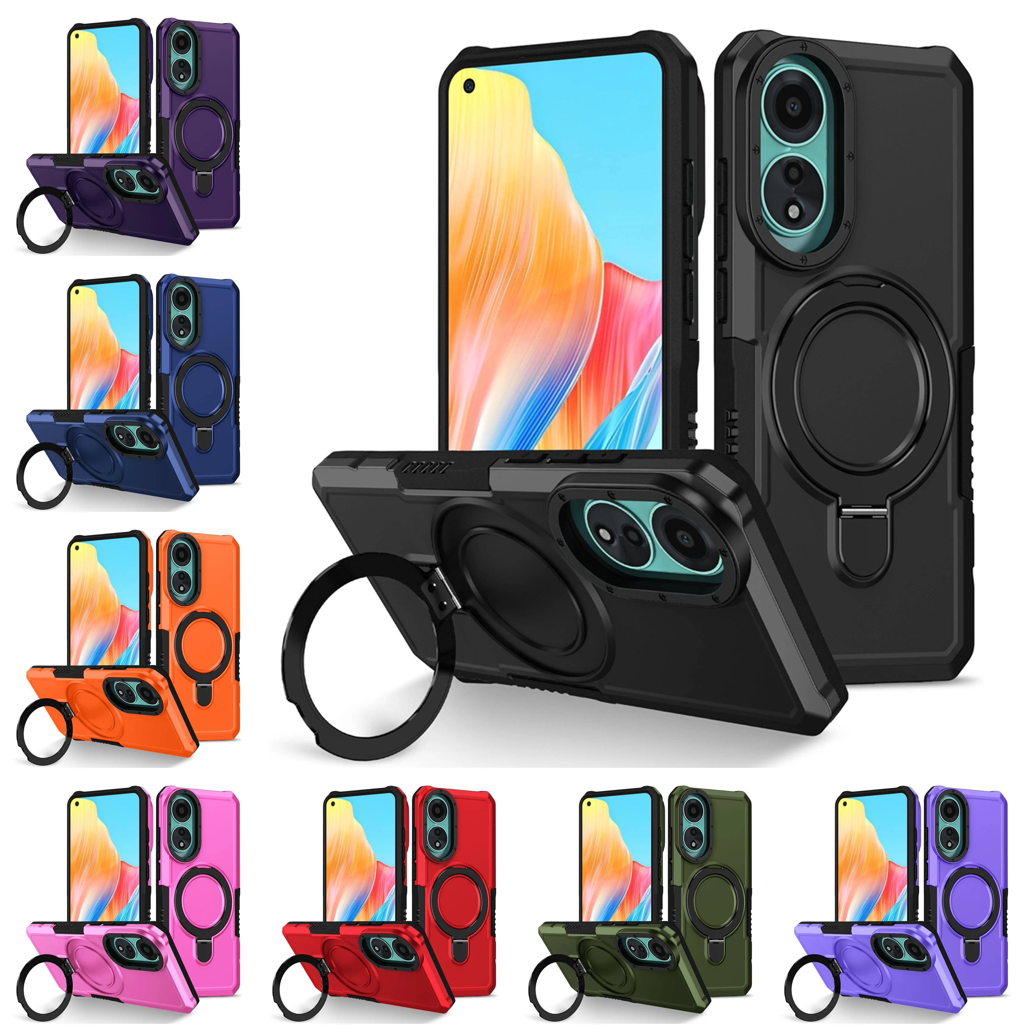 Luxury Armor Bracket Hard Case for OPPO A16 A17 A18 A38 A54 A55 A57 A58 A74 A78 A7 A15 Ring Holder Slide Lens Stand Back Cover