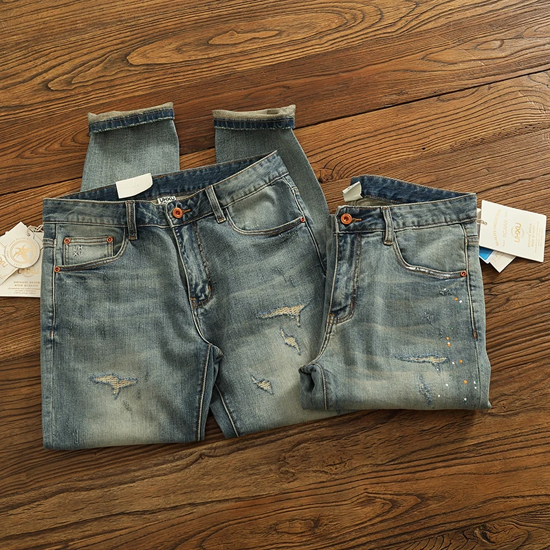 

2024, весенне-осенние новые американские ретро тяжелые джинсовые мужские модные потертые старые эластичные тонкие прямые повседневные джинсы
