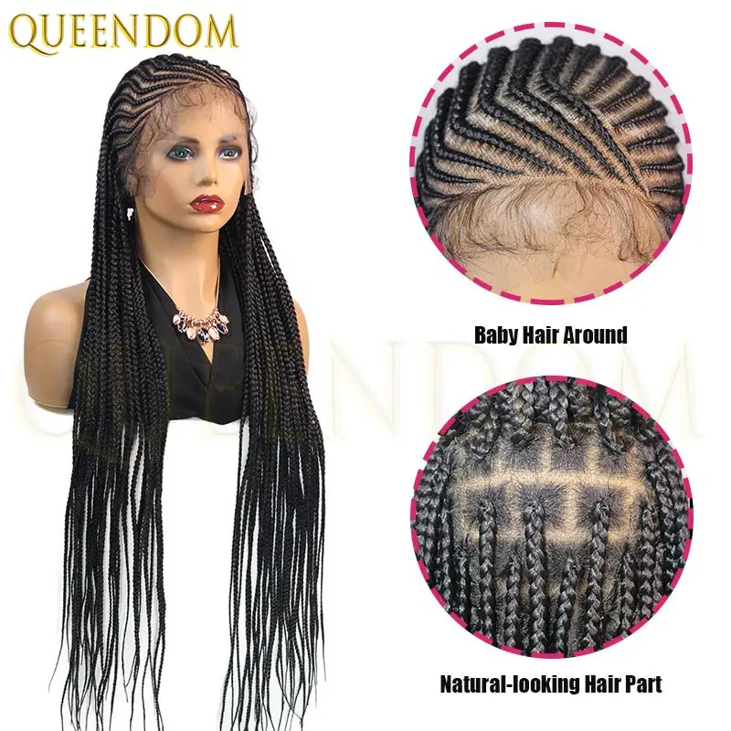วิกผมแบบเต็มศีรษะขนาด 36 นิ้ว วิกผมสังเคราะห์แบบถักเปีย Faux Locs สำหรับผู้หญิงผิวดำ วิกผมแบบถักเปีย Goddess Box Braided วิกผมแบบถักเปีย Double Cornrow Lace