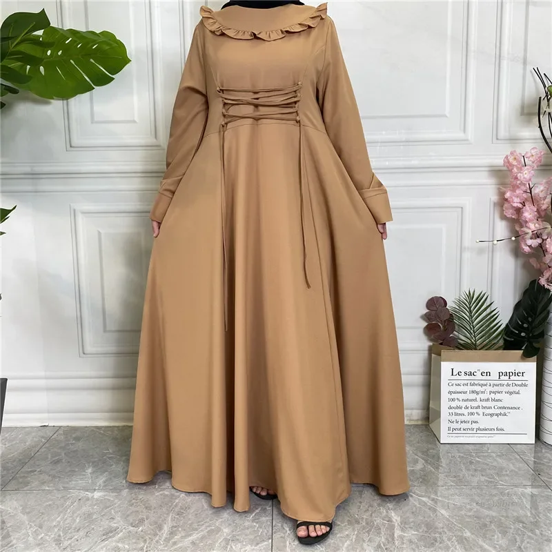 Muslim Dress Women Party Dress Thick Lace-up Dubai Abayas Solid Loose Maxi Long Dress Islam Clothing Women Long Sleeve Abayas