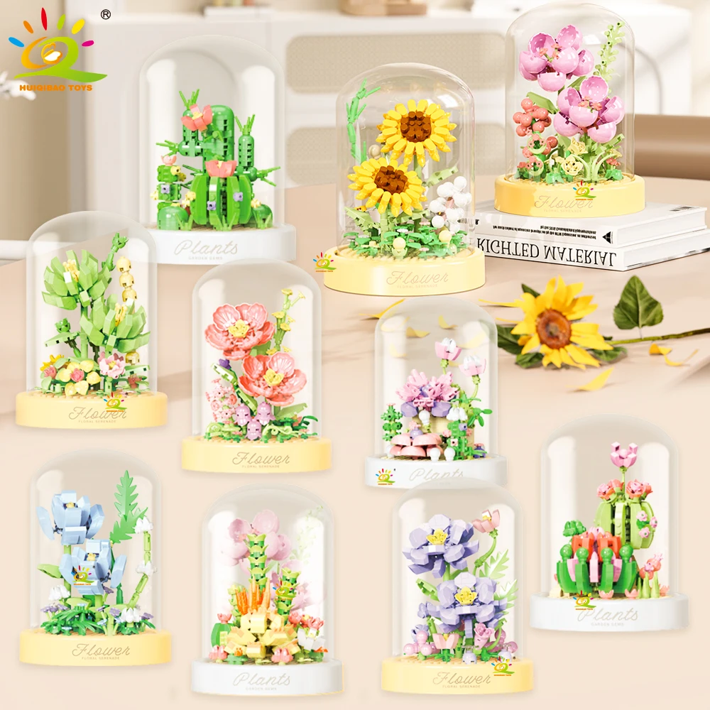 HUIQIBAO MOC Flower Display Box Micro Building Block MOC Mini Flower Mini Diamond Model Brick Toy for Children Desk Decoration