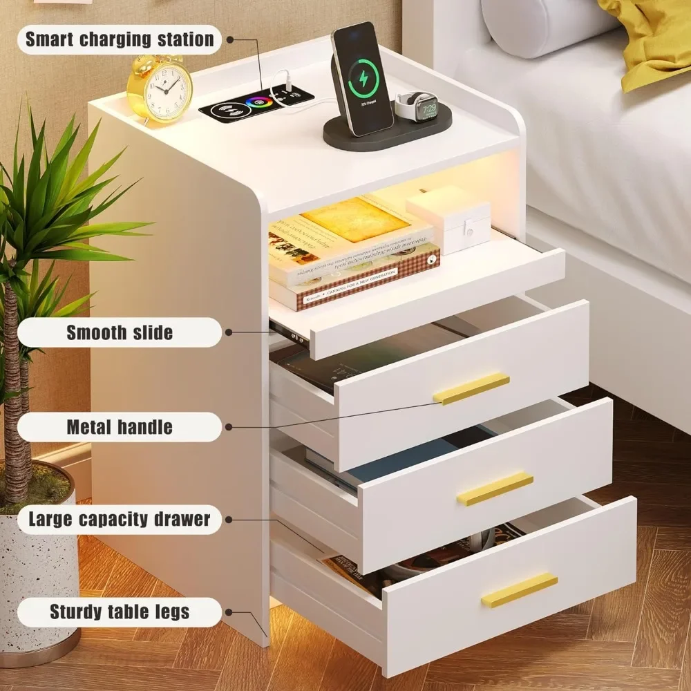 Bedroom Bedside Table LED Modern Bedside Table With RGB Light and Occupancy Sensor Design Living Room Office 3 Drawers Furniture
