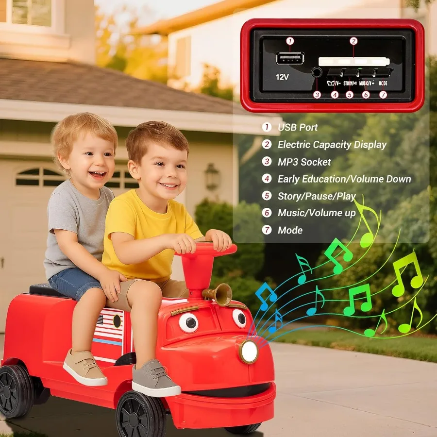 2-Seater Electric Ride On Car Train 12V Trackless Electric Car with Train Whistle Headlight MP3 and Bluetooth Battery Powered R