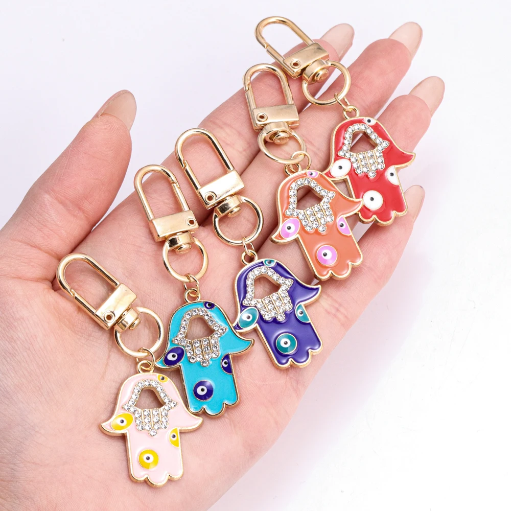 1Pc Fashion Hollow Evil Eye Hamsa Hand Pendant Keychain For Women Men Zircon Fatima Hand Blue Eye Bag Airpods Box Accessories