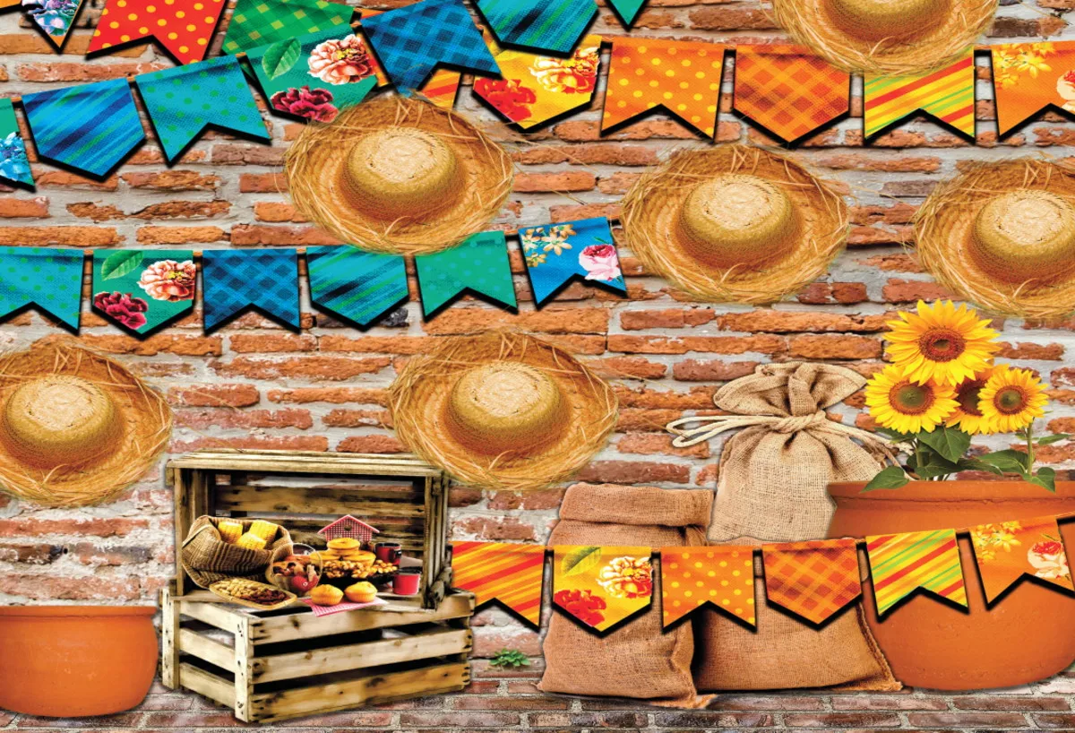 

festive straw hat flag sunflower red brick wall backdrops party photography backgrounds