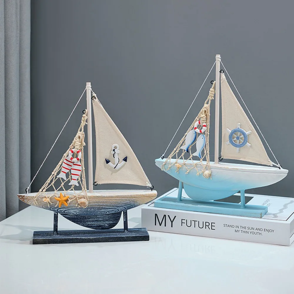 Wooden Sailboat Model Decor Wood Sailing Boat Ship Figurine Handmade Rustic Vintage Beach Nautical Ocean Theme Sailboat Decor